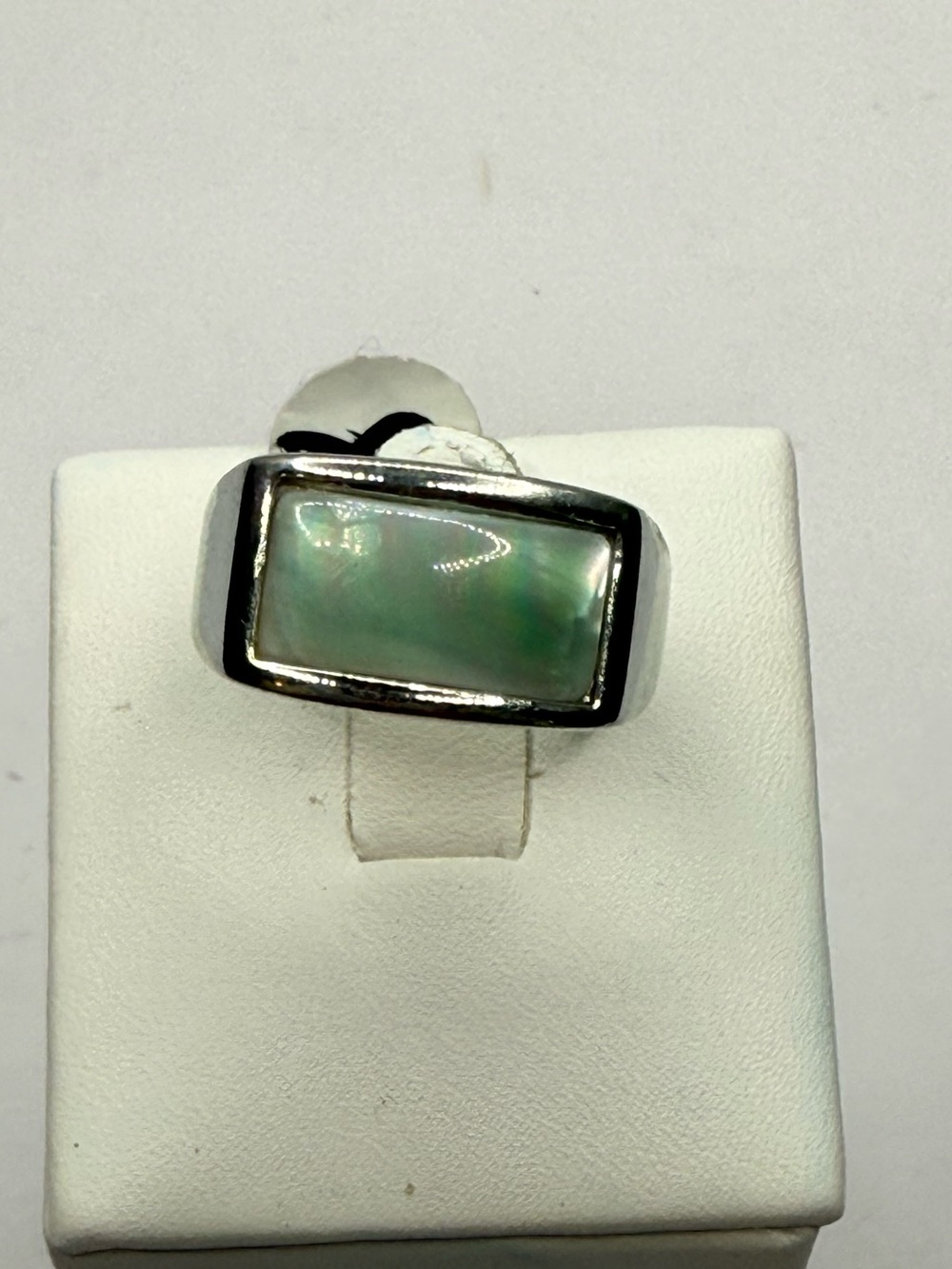 Modern Iridescent Green Statement Ring Silver Tone Chunky Band Size